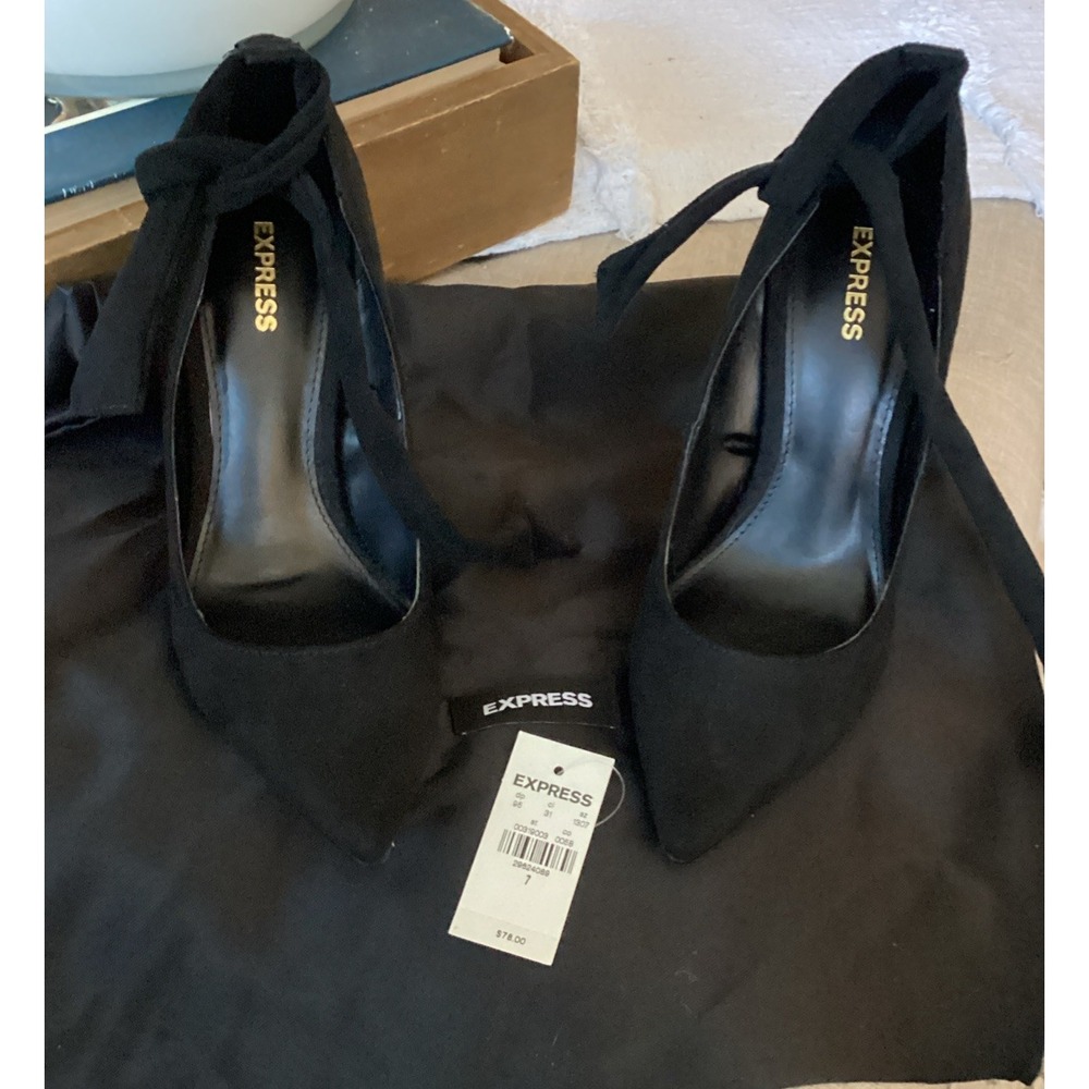 Express Black Ankle Tie Pumps Pointed Toe 4 Inch Heel Shoes Size 7